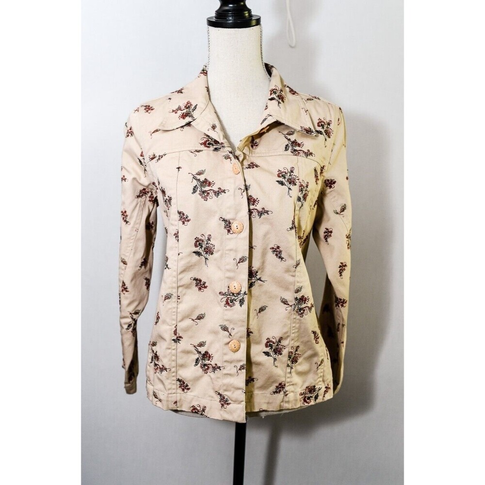 Vintage Tantrums Tan Beige Jacket‎ Floral embroidery collar button up Jean style